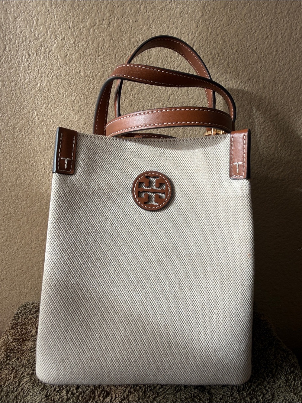 Tory Burch Cream Canvas Tote with Brown Leather Trim